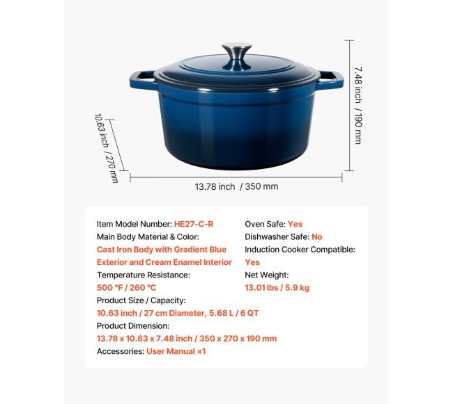 Emaliuotas ketaus puodas 5.7L su dangčiu6