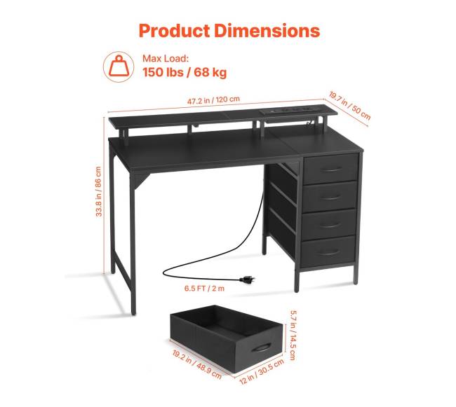 120 cm kompiuterio stalas su LED šviesomis ir elektros lizdais2