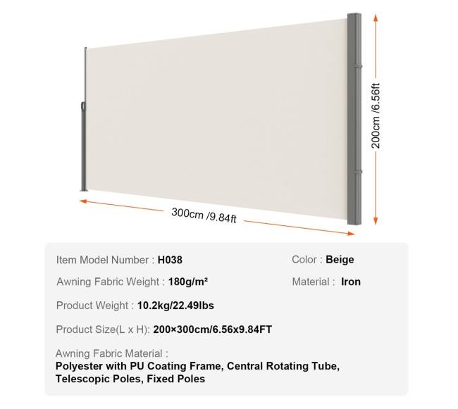 Ištraukiama šoninė markizė, 200x300 cm, smėlinė6