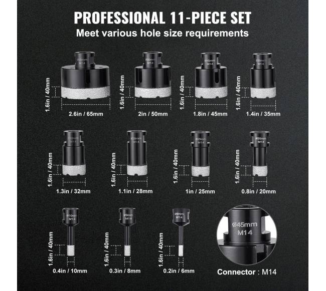 Deimantiniai grąžtai plytelėms, 11 vnt. rinkinys2