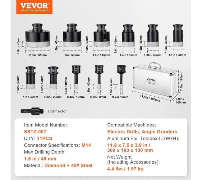 Deimantiniai grąžtai plytelėms, 11 vnt. rinkinys6