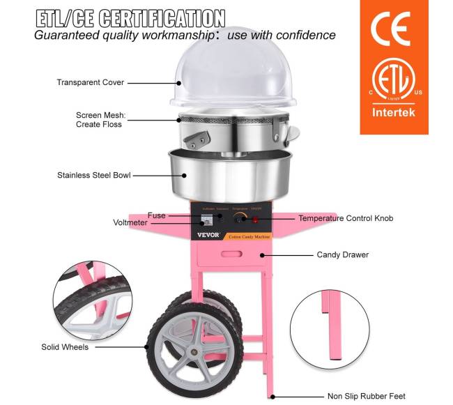 Komercinė cukraus vatos mašina su vežimėliu ir dangčiu 1000W3