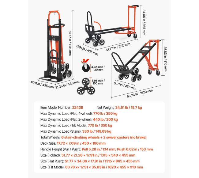 3 viename laiptų kopimo vežimėlis, 350 kg, sulankstomas6