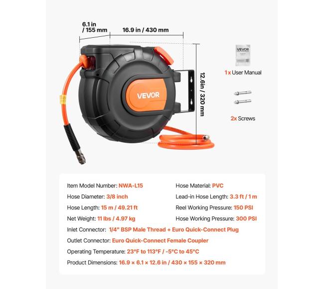 Ištraukiama oro žarnos ritė, 15 m, 300 PSI6