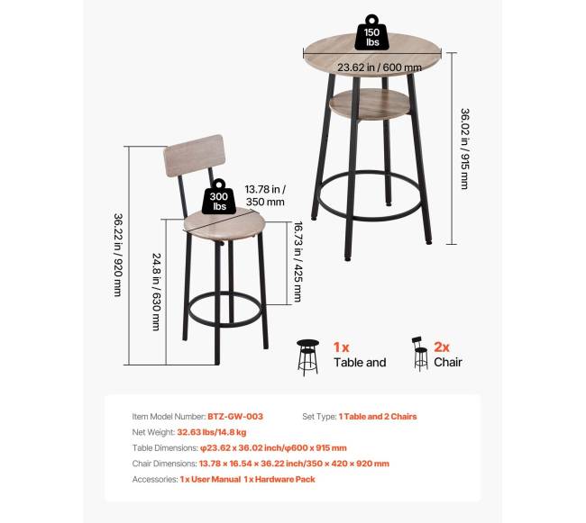 Baro stalas ir kėdės, 3 dalių rinkinys, šviesiai pilka2