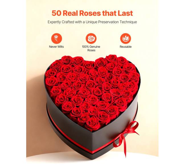 Amžinos gėlės: 50 konservuotų raudonų rožių širdelės formos dėžutėje1