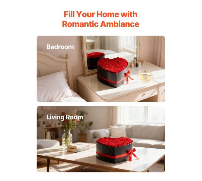 Amžinos gėlės: 50 konservuotų raudonų rožių širdelės formos dėžutėje5