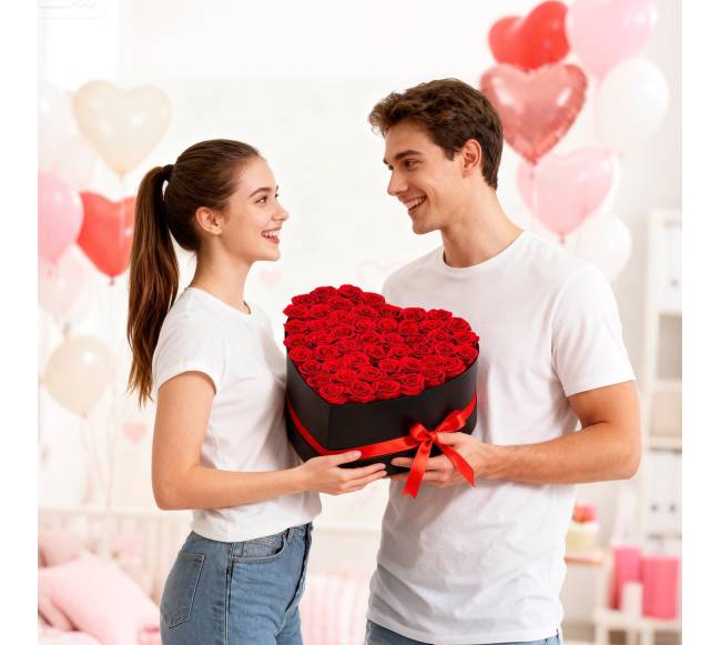 Amžinos gėlės: 50 konservuotų raudonų rožių širdelės formos dėžutėje7