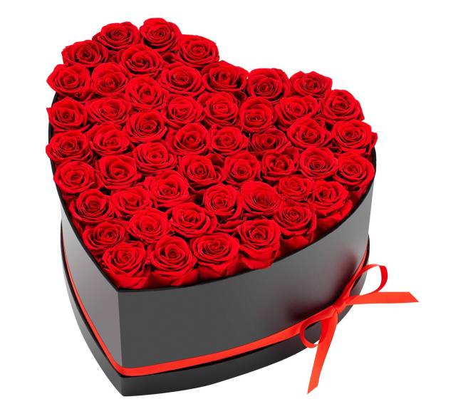 Amžinos gėlės: 50 konservuotų raudonų rožių širdelės formos dėžutėje9