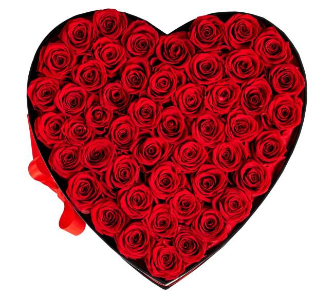 Amžinos gėlės: 50 konservuotų raudonų rožių širdelės formos dėžutėje10