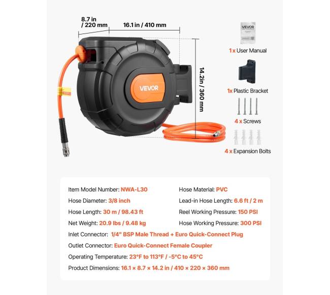 Ištraukiamas oro žarnos ritė 30m x 9.5mm6