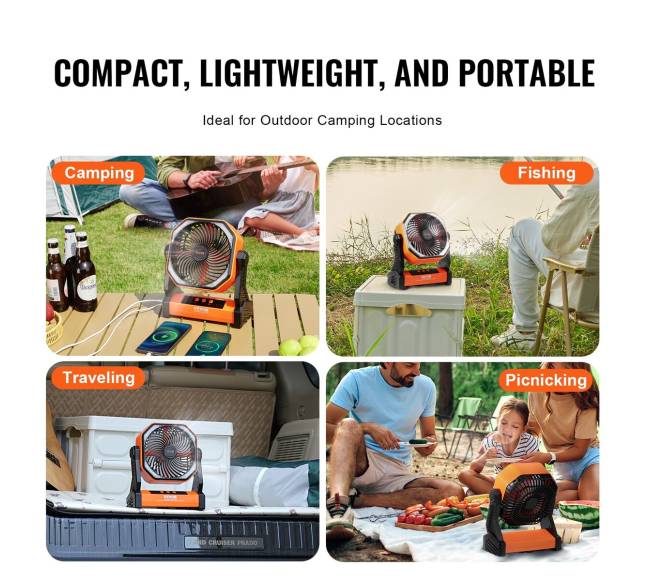 Įkraunamas nešiojamas ventiliatorius su LED žibintu5