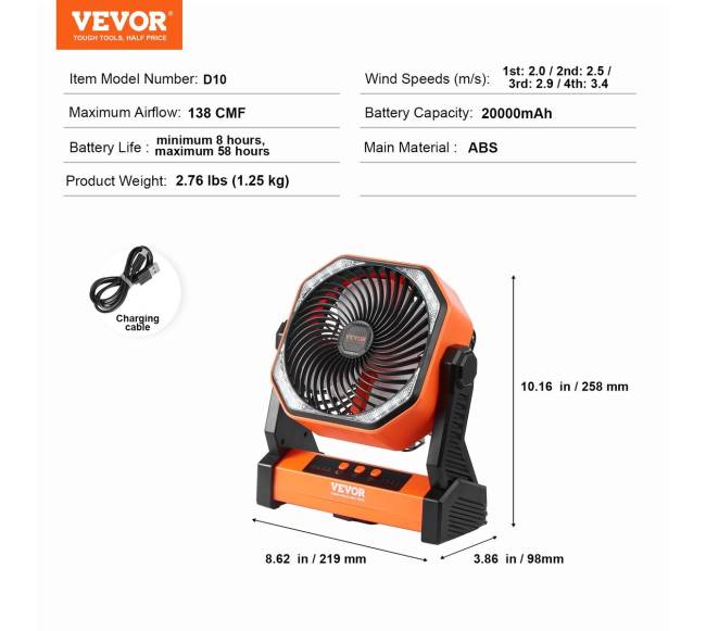 Įkraunamas nešiojamas ventiliatorius su LED žibintu6