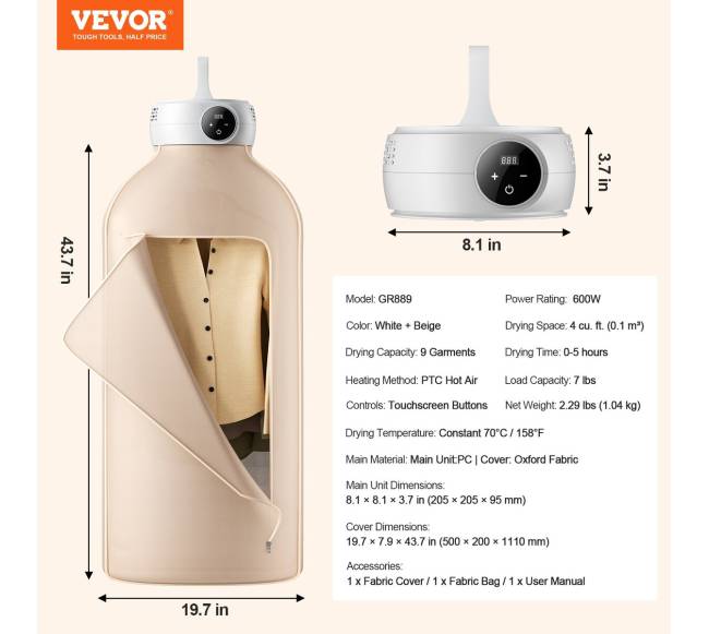 Nešiojama drabužių džiovyklė su PTC šildymu ir LED ekranu6