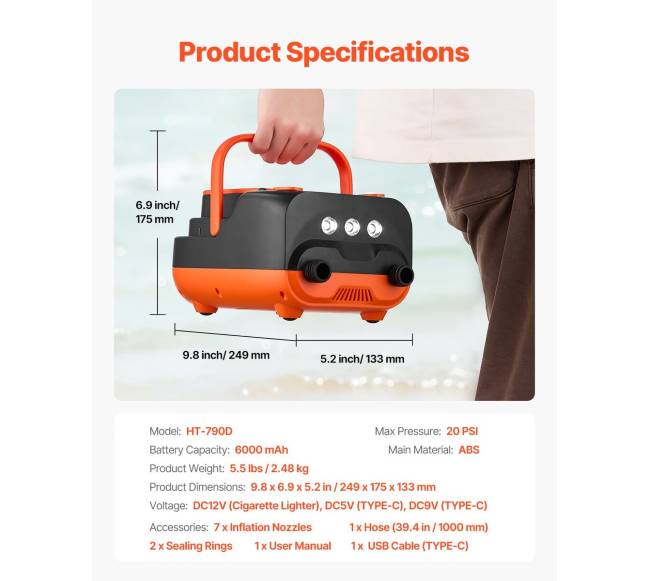 Įkraunamas ir nešiojamas pompa su 20 PSI ir LED6