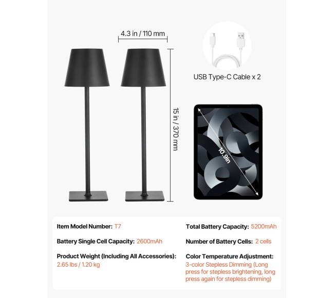 Belaidės stalinės lempos, juoda (2 vnt.)6