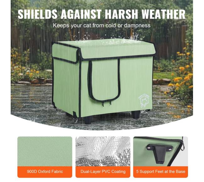 Pakeltas šildomas kačių namelis su šildymo kilimėliu žalias (S)3