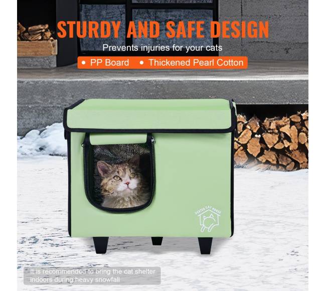 Pakeltas šildomas kačių namelis su šildymo kilimėliu žalias (S)4