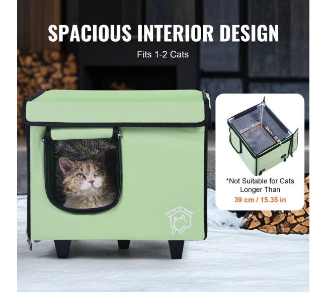 Pakeltas šildomas kačių namelis su šildymo kilimėliu žalias (S)5