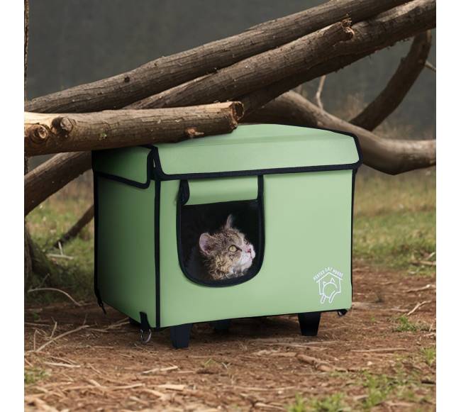 Pakeltas šildomas kačių namelis su šildymo kilimėliu žalias (S)7