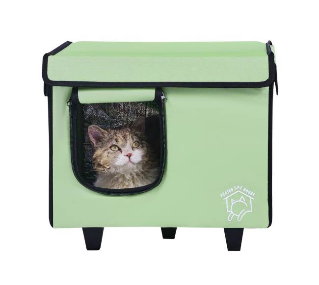 Pakeltas šildomas kačių namelis su šildymo kilimėliu žalias (S)8