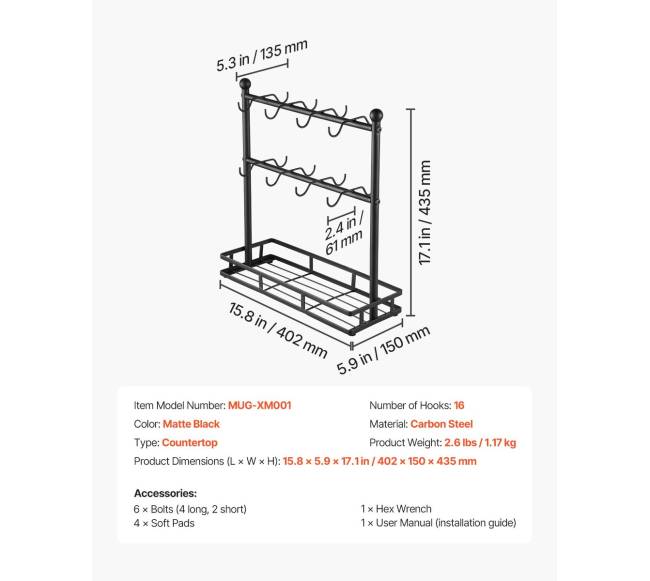 Puodelių laikiklis su 16 kabliukų ir laikymo baze6