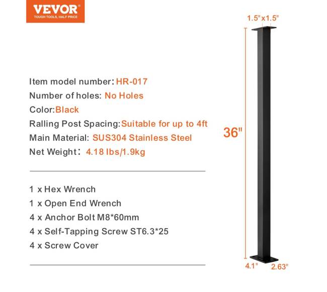 Metalinė turėklo stulpelis 91x3.8x3.8cm be skylių, 1 vnt, juoda6