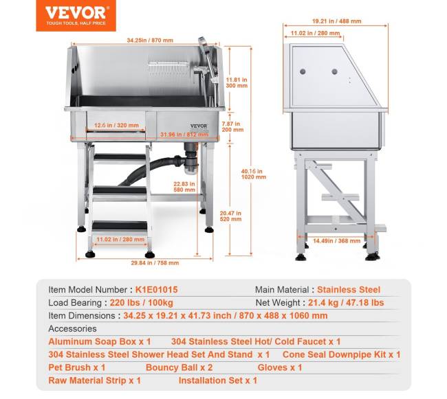 864mm nerūdijančio plieno šuns maudymo stotelė su rampa6
