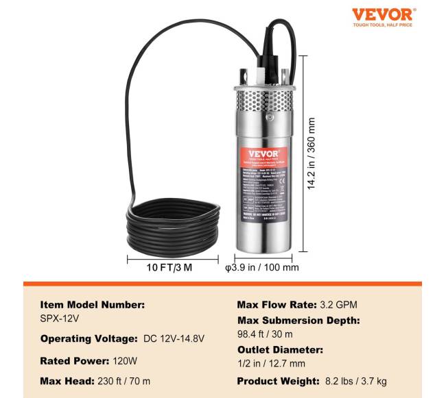 Saulės vandens siurblys, 12V DC 120W panardinamas6