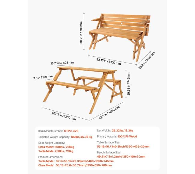 medinis pikniko stalas su suoliuku 2-in-16