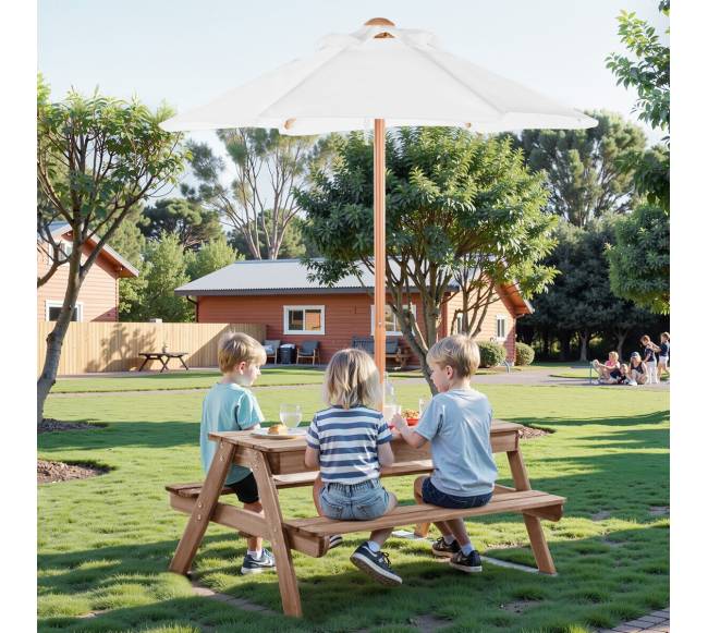 Medinis stalo ir suoliuko komplektas su skėčiu7