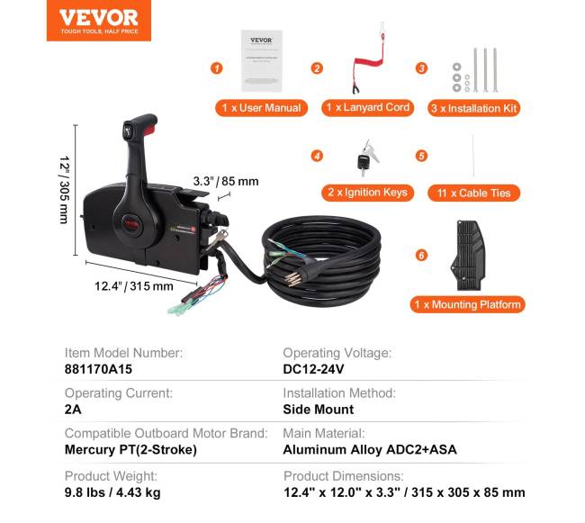 Valties nuotolinio valdymo pultas šoninis Mercury PT 2-taktų6
