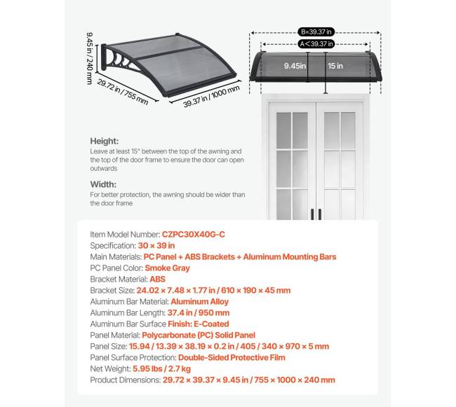 Prieangio durų stogelis, 76 x 99 cm, pilkas6