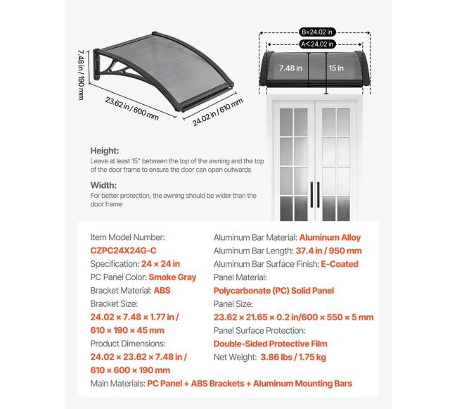 Durų stogelis 61 x 61 cm, dūminis pilkas6
