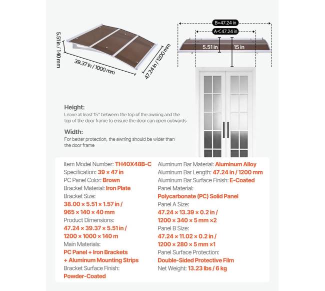 Durų prieangio stogelis iš polikarbonato, 94 x 119 cm6