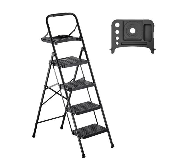 4 žingsnių sulankstomos kopėčios su įrankių dėklu0