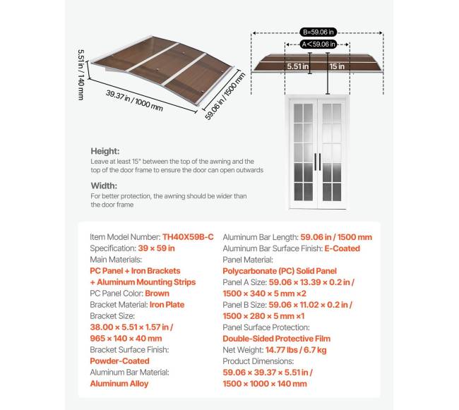 Durų stogelis 100 x 150 cm, polikarbonato6