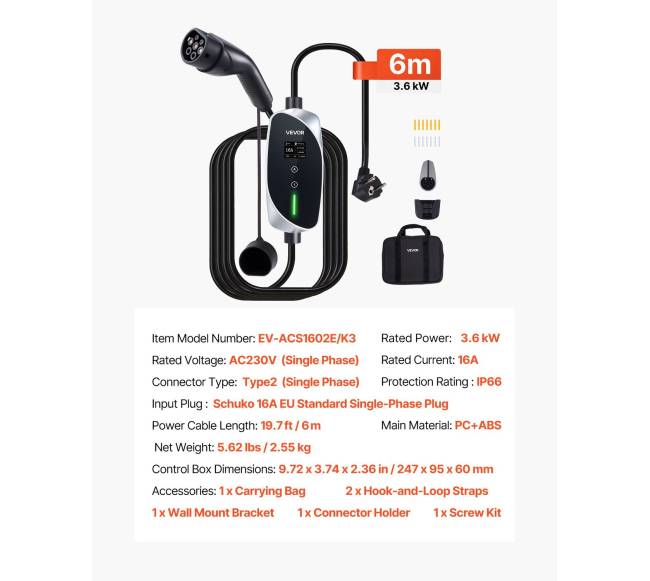 Mobilus sieninis įkroviklis, 3.6 kW, 16A, tipas 26