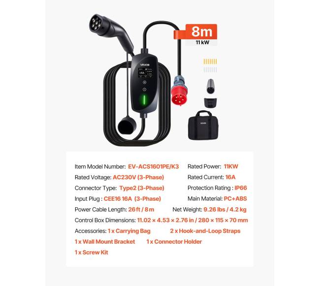 Nešiojamas 11 kW EV įkroviklis su 8 m kabeliu5