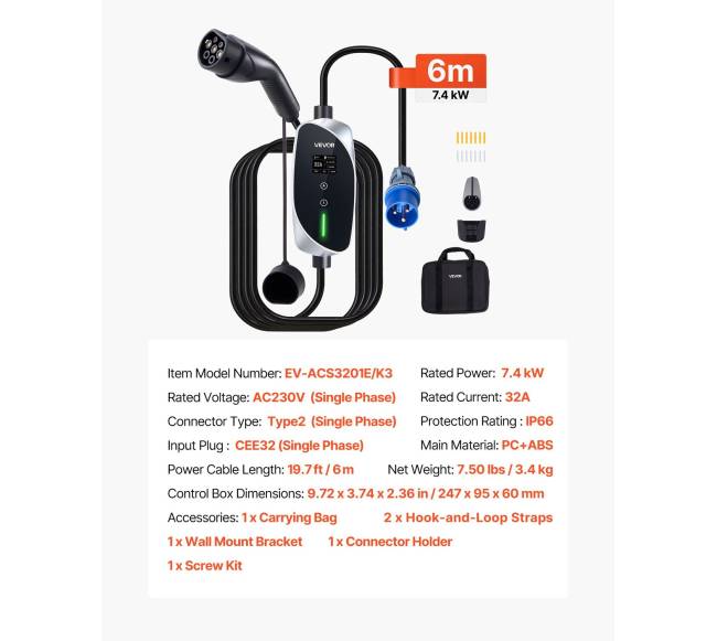 Nešiojama EV įkrovimo stotelė su 7.4 kW galia6