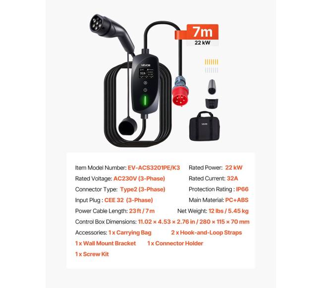 Mobilus sieninis įkroviklis 22 kW 32A, 7 m6