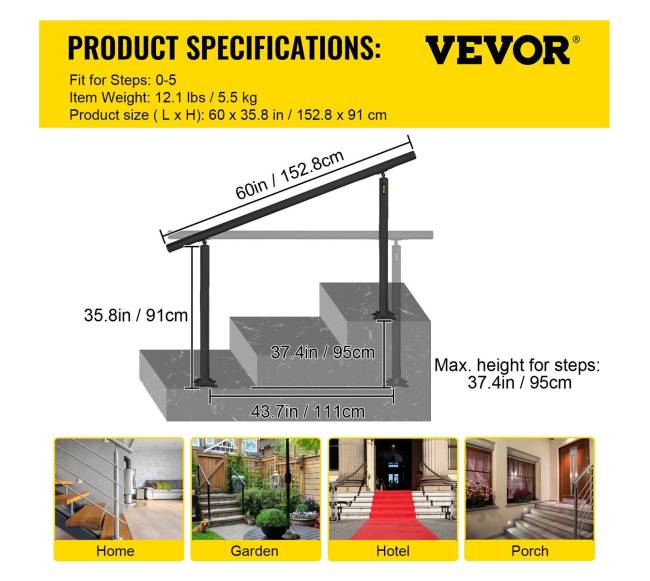 Laiptų turėklų komplektas 5 FT, juodas aliuminis6