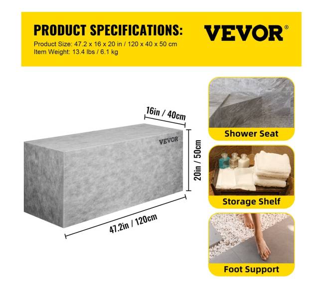 Dušo kampinė sėdynė plytelėms, 120 x 40 x 50 cm6