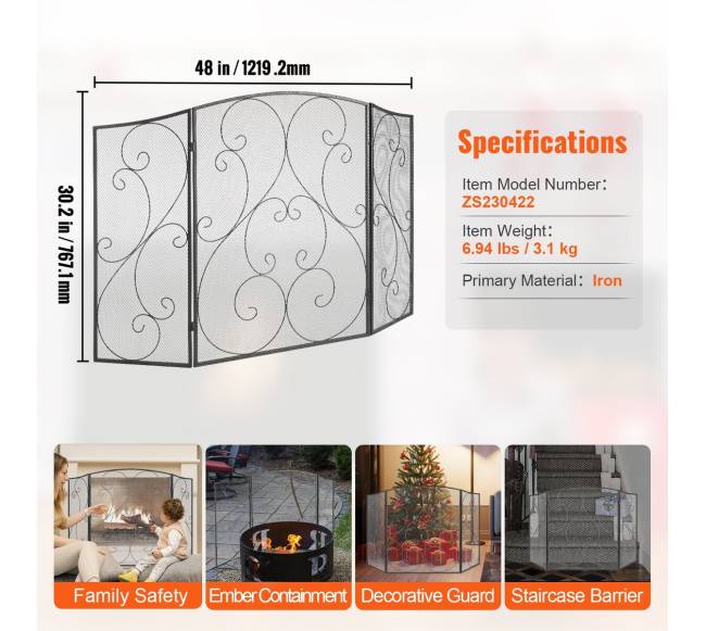 ugniasienės ekranas 3 dalių, tvirtas metalinis tinklas6