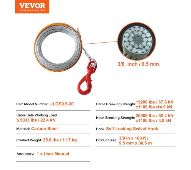 Cinkuoto plieno gervės lynas 9,5 mm x 30,5 m6