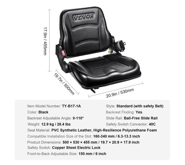 Universalus šakinio krautuvo sėdynė su reguliuojama nugaros atrama6