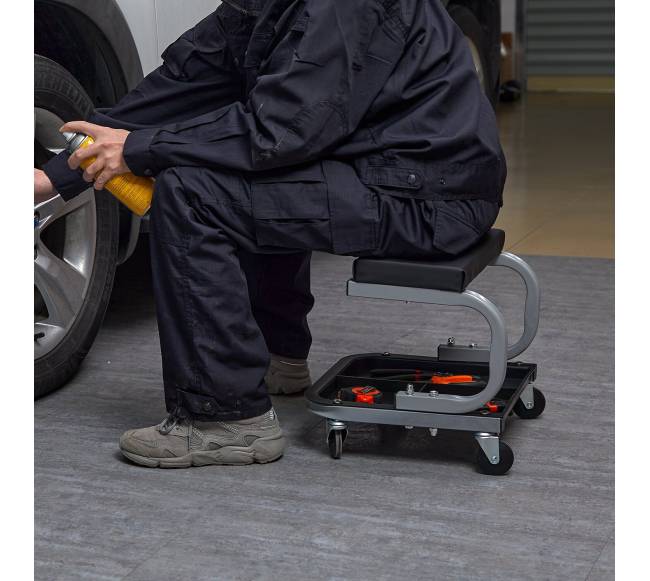 Mechaniko garažo taburetė su įrankių dėklu7