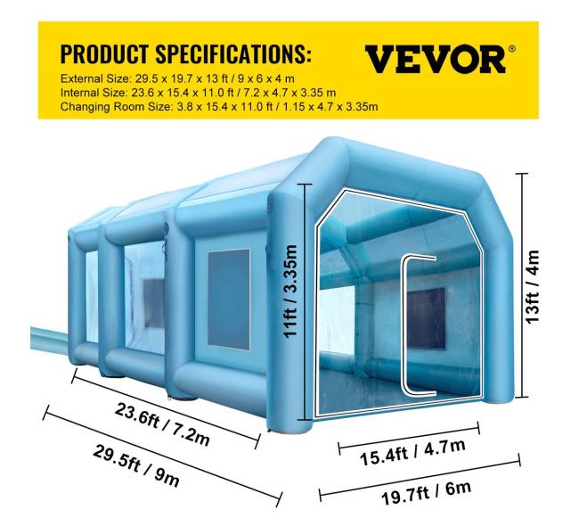 Pripučiama dažymo palapinė 9 x 6 x 4 m su filtru ir 2 ventiliatoriais6