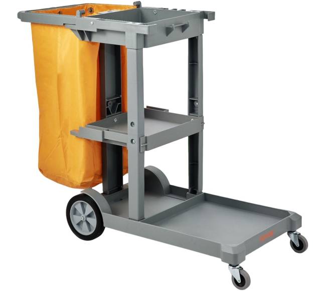 Valymo vežimėlis su 3 lentynomis, geltonas ir pilkas0