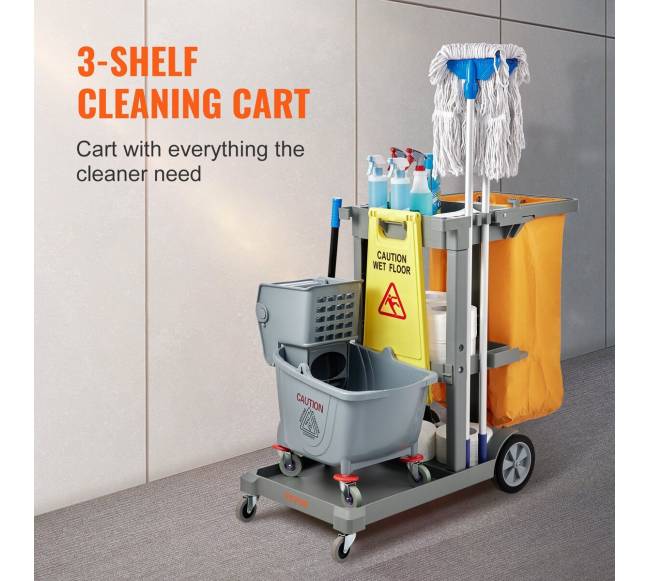 Valymo vežimėlis su 3 lentynomis, geltonas ir pilkas1